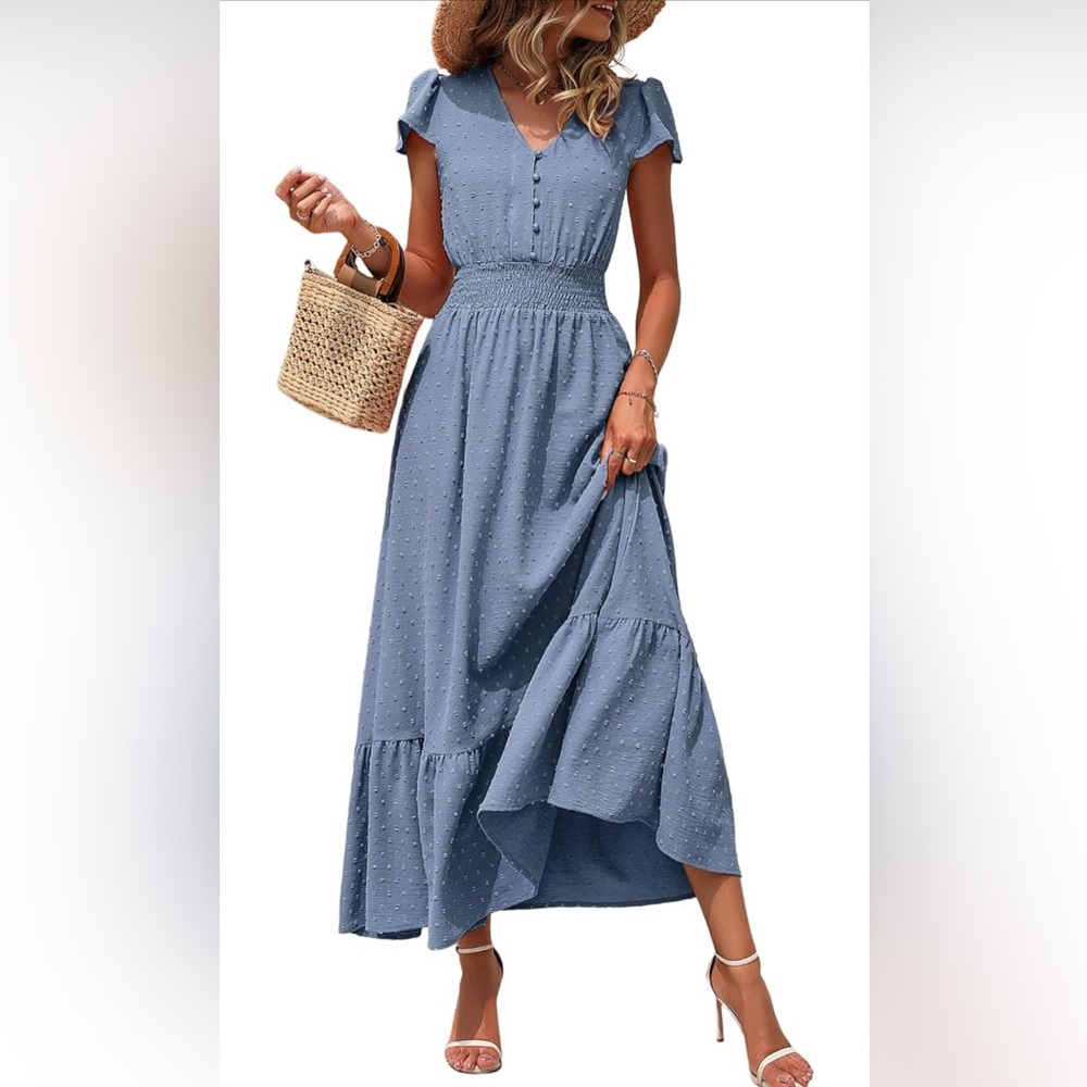 PRETTYGARDEN Womens Tiered Maxi Dress - Medium - Grey Blue Boho Swiss Dot Ruffle